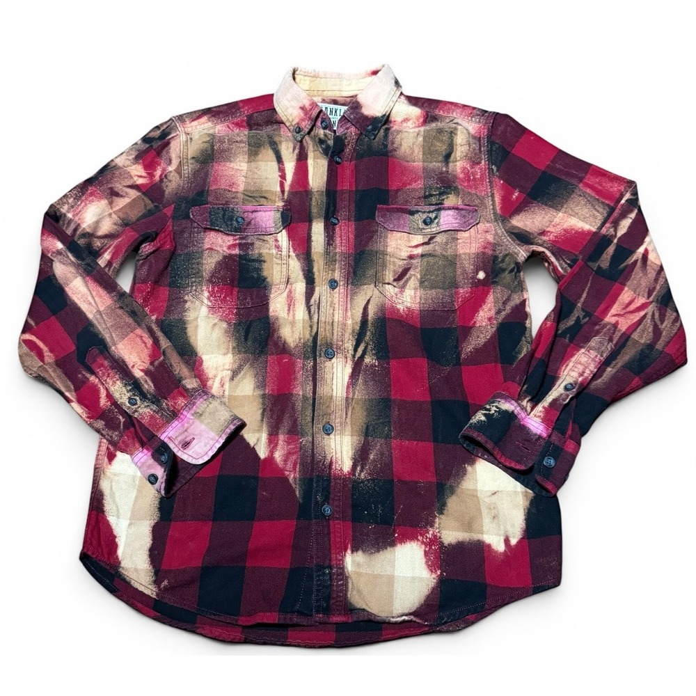 Franklin Flannels Upcycled Bleach Distressed Plaid Button Shirt Sz S